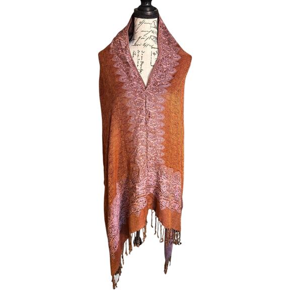 Pashmina & Silk Paisley Shawl Wrap – Burnt Orange & Lavender – Fringe BohoChic - Picture 2 of 7